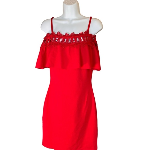 BCX Womens Red Lace Spaghetti Strap Off Shoulder Knee Length size 11 NEW - Picture 8 of 8